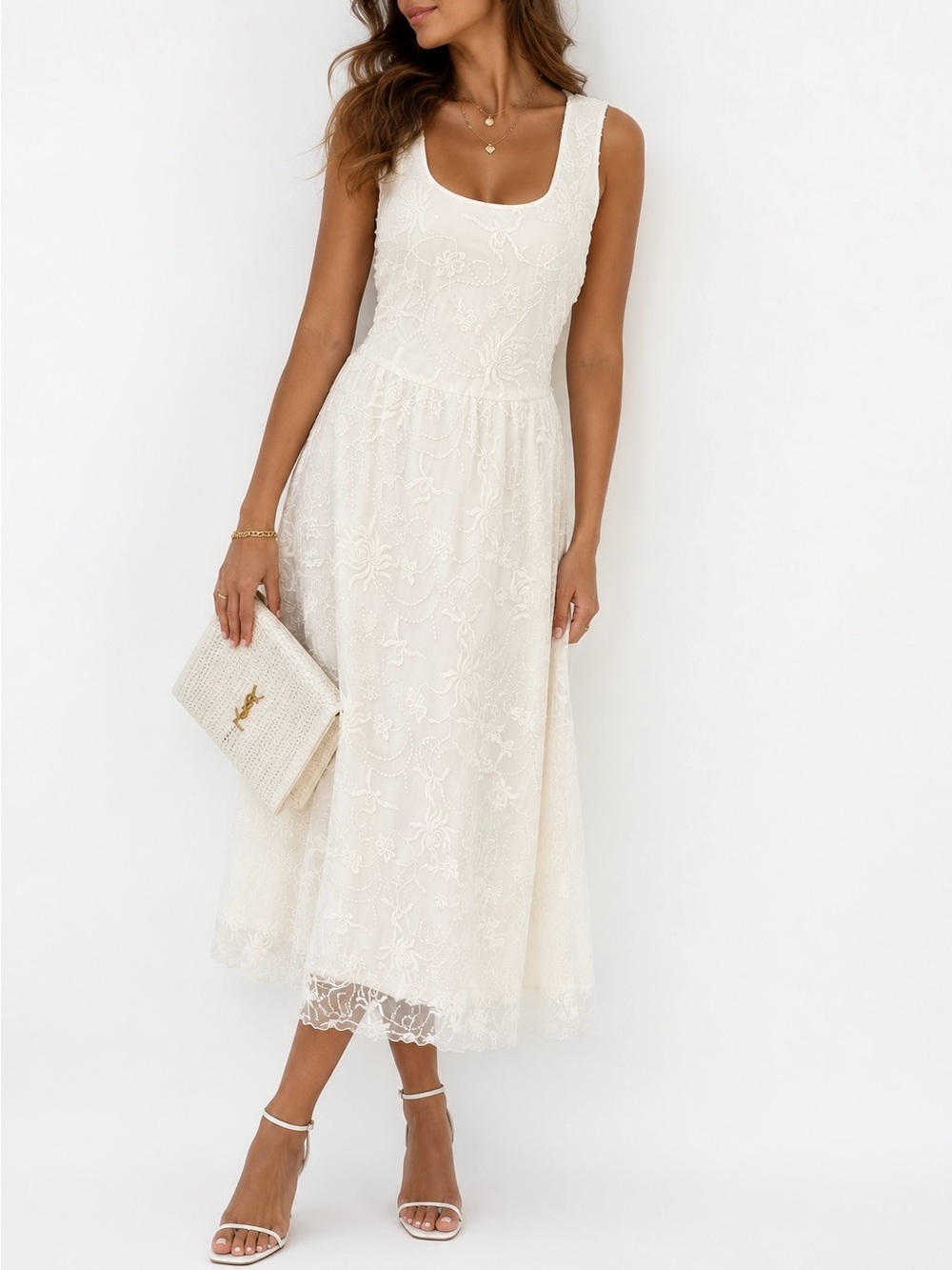 Women's ivory Lace Midi - Elegant Scoop Neck 70%cotton